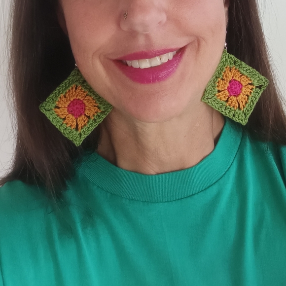 Hand Crafted Jewelry - Hand Crafted Hand Crochet Colorful Boho Floral Diamond Design Earrings